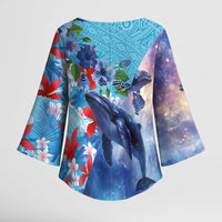 Hawaii Aloha Whales Kimono Sleeve Blouse Hibiscus and Whales with Polynesian Pattern - Polynesian Pride