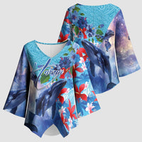 Hawaii Aloha Whales Kimono Sleeve Blouse Hibiscus and Whales with Polynesian Pattern - Polynesian Pride