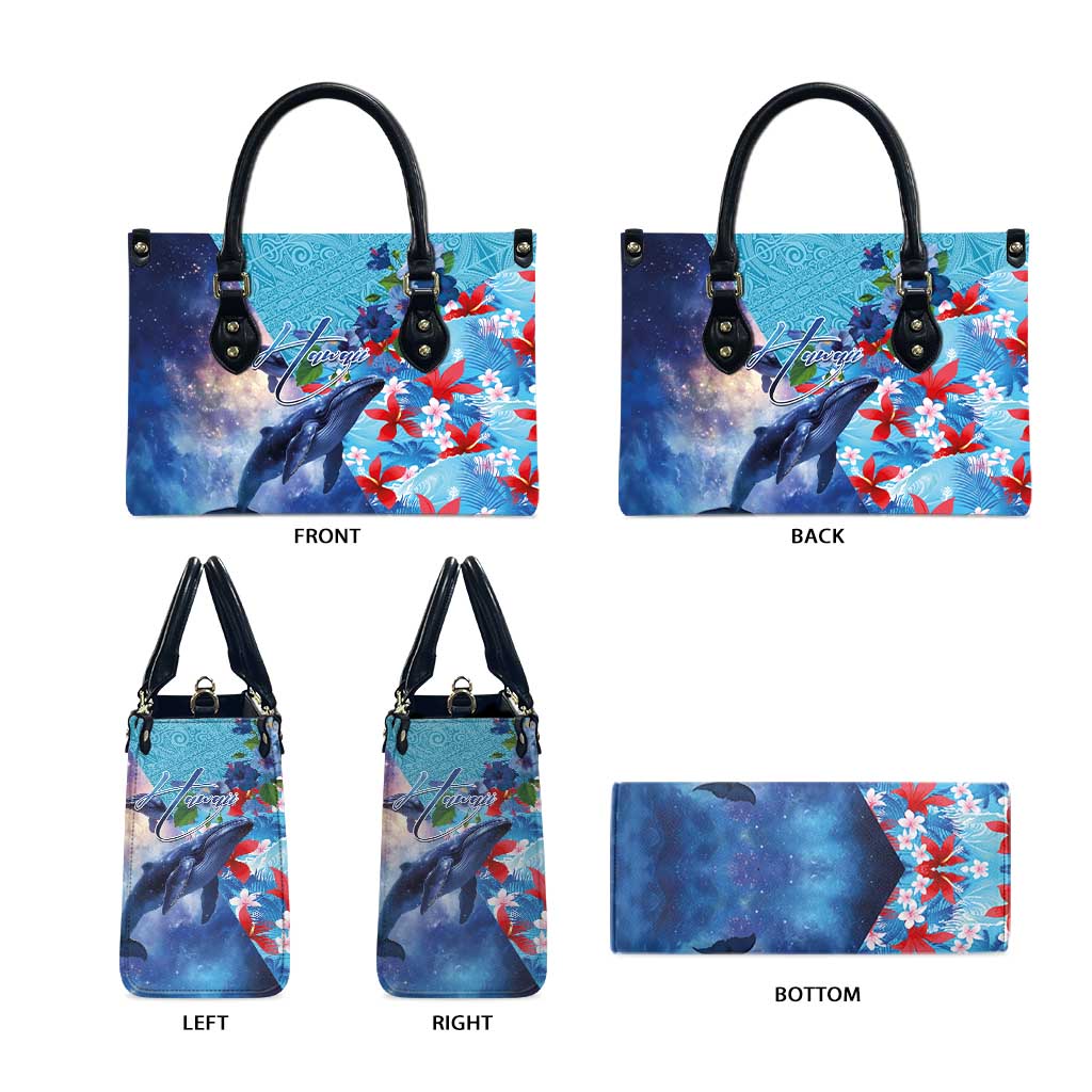 Hawaii Aloha Whales Leather Bag Hibiscus and Whales with Polynesian Pattern - Polynesian Pride