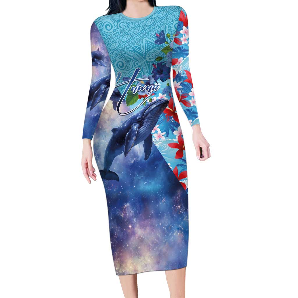 Hawaii Aloha Whales Long Sleeve Bodycon Dress Hibiscus and Whales with Polynesian Pattern - Polynesian Pride