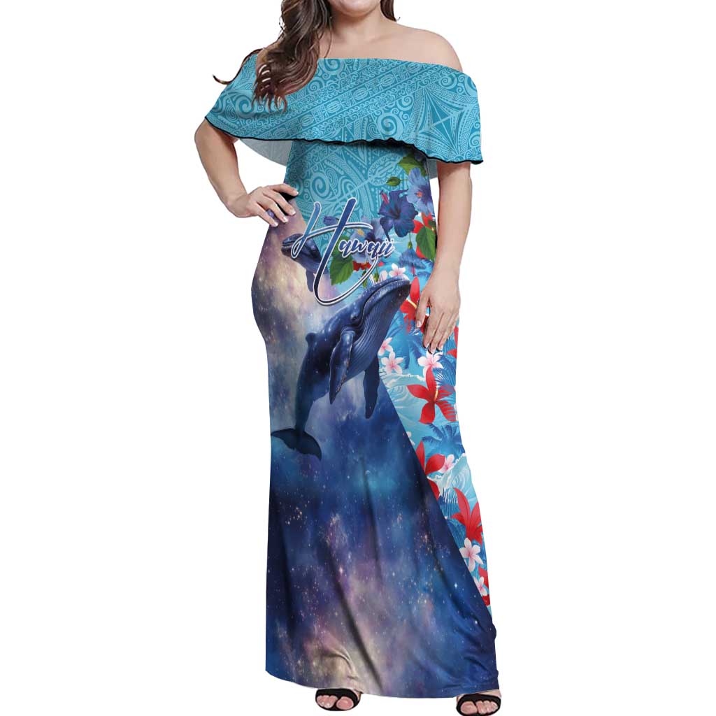 Hawaii Aloha Whales Off Shoulder Maxi Dress Hibiscus and Whales with Polynesian Pattern - Polynesian Pride