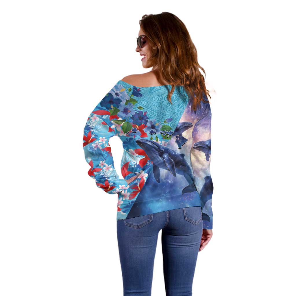 Hawaii Aloha Whales Off Shoulder Sweater Hibiscus and Whales with Polynesian Pattern - Polynesian Pride