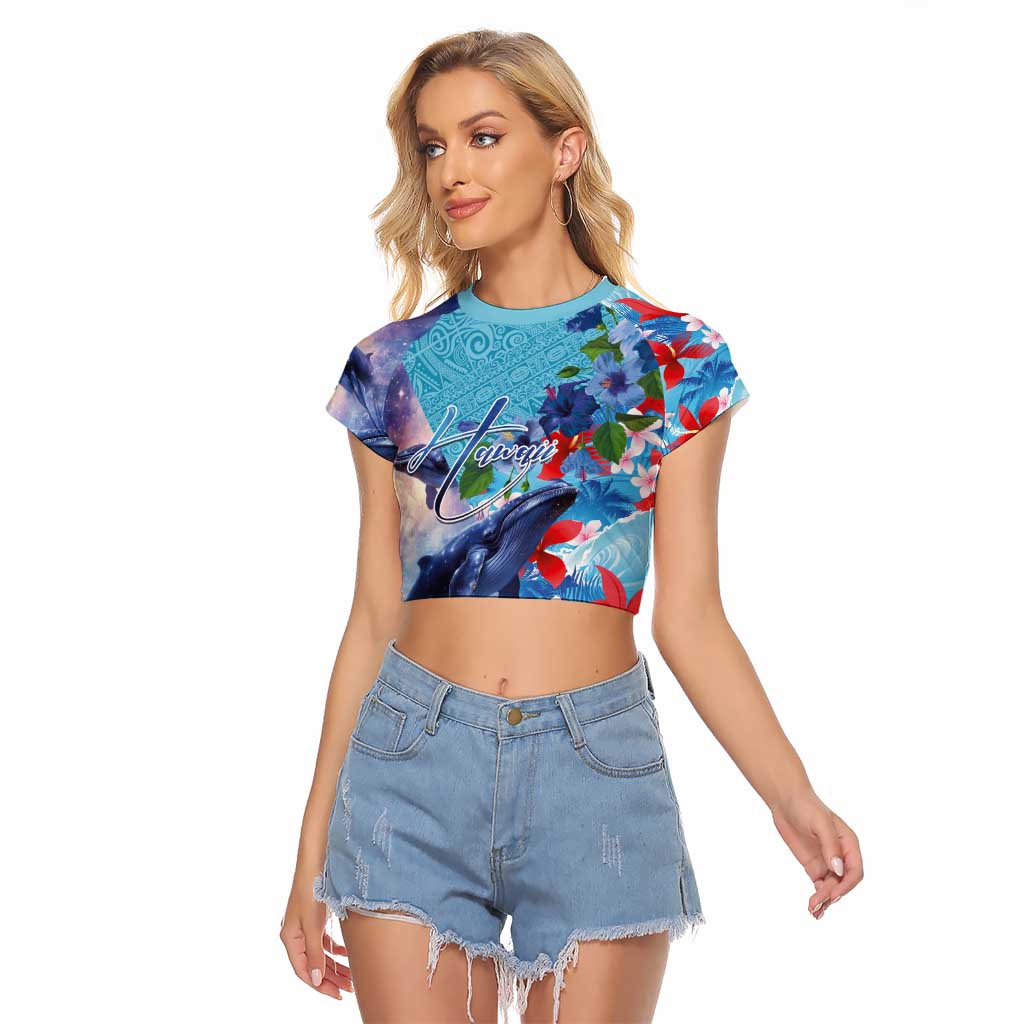 Hawaii Aloha Whales Raglan Cropped T Shirt Hibiscus and Whales with Polynesian Pattern - Polynesian Pride