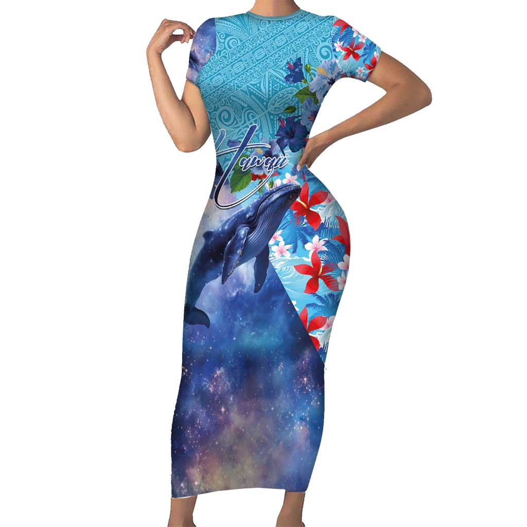 Hawaii Aloha Whales Short Sleeve Bodycon Dress Hibiscus and Whales with Polynesian Pattern - Polynesian Pride