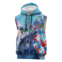 Hawaii Aloha Whales Sleeveless Zip Hoodie Hibiscus and Whales with Polynesian Pattern - Polynesian Pride