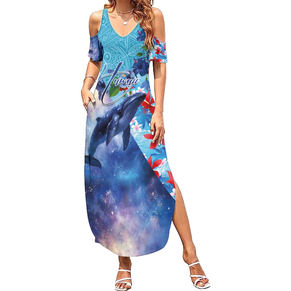Hawaii Aloha Whales Summer Maxi Dress Hibiscus and Whales with Polynesian Pattern - Polynesian Pride
