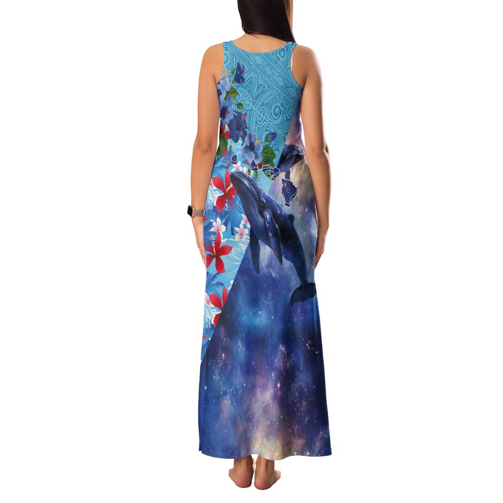 Hawaii Aloha Whales Tank Maxi Dress Hibiscus and Whales with Polynesian Pattern - Polynesian Pride