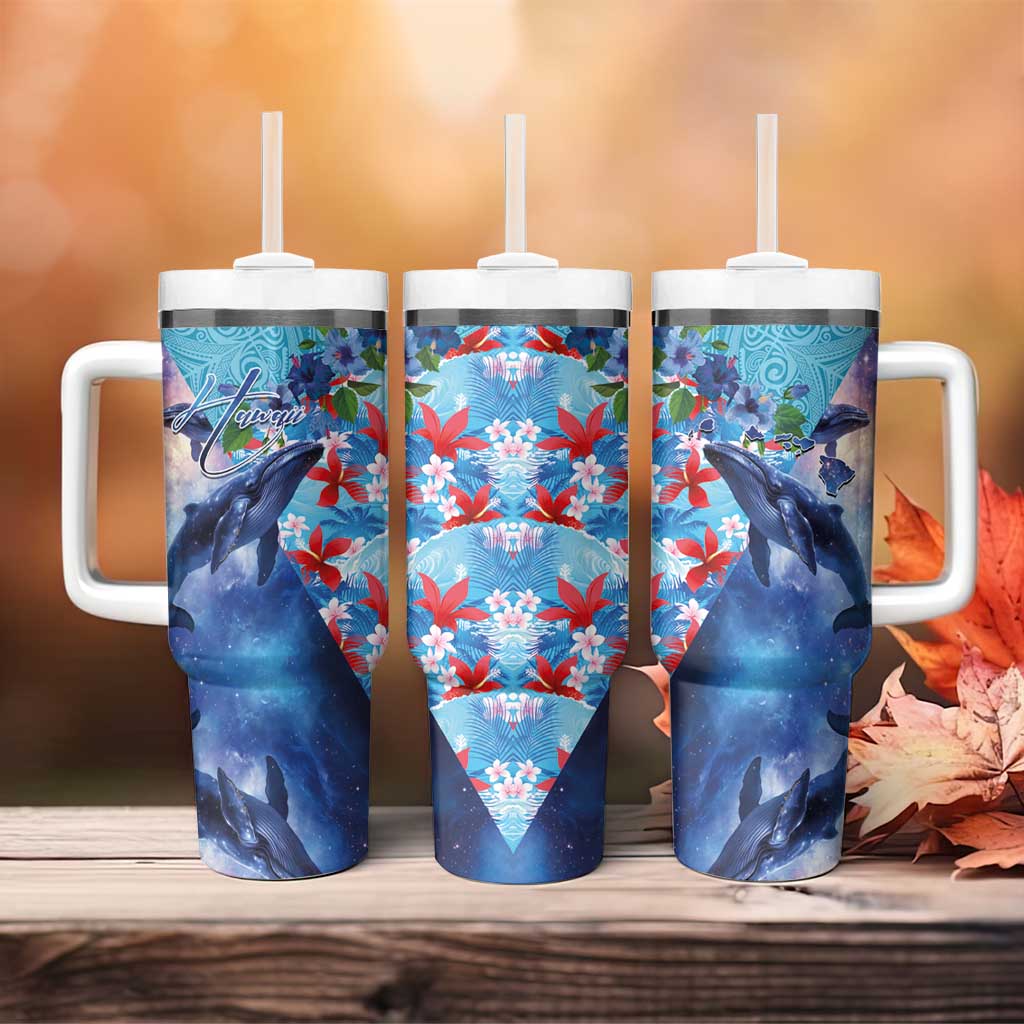 Hawaii Aloha Whales Tumbler With Handle Hibiscus and Whales with Polynesian Pattern - Polynesian Pride