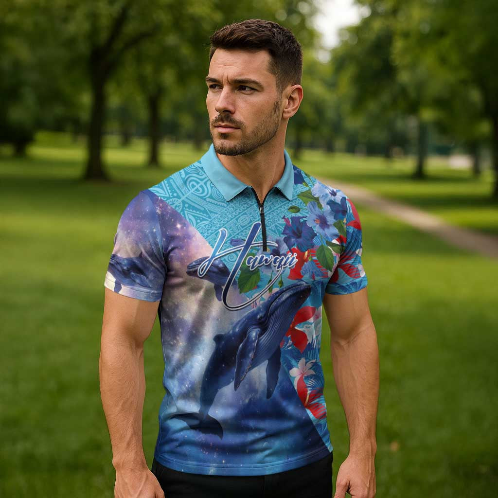 Hawaii Aloha Whales Zipper Polo Shirt Hibiscus and Whales with Polynesian Pattern - Polynesian Pride
