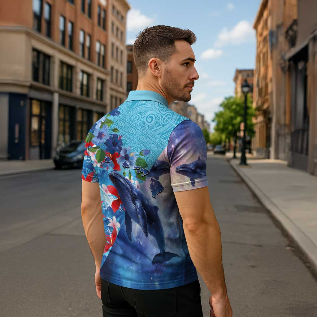Hawaii Aloha Whales Zipper Polo Shirt Hibiscus and Whales with Polynesian Pattern - Polynesian Pride