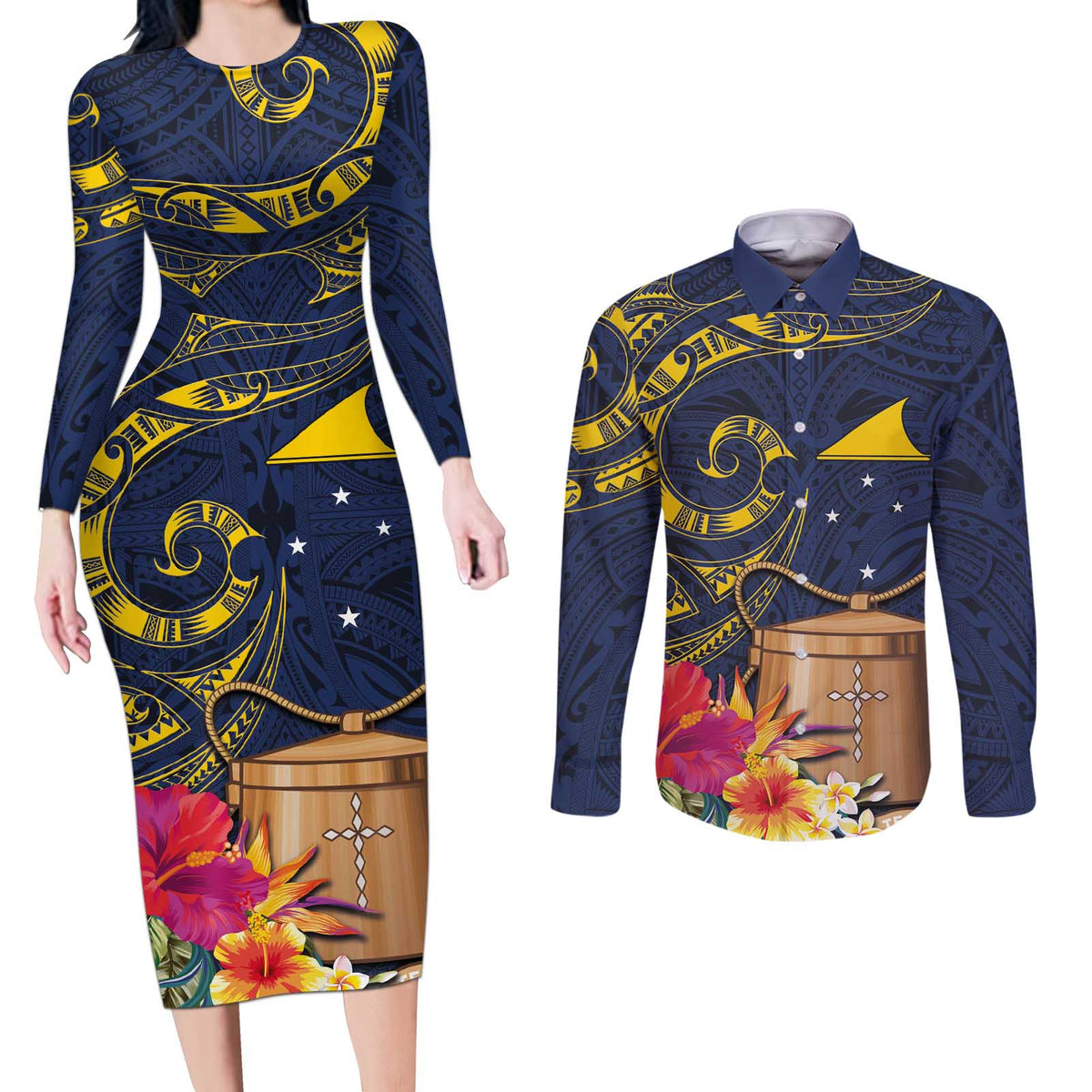 Tokelau Tokehega Day Couples Matching Long Sleeve Bodycon Dress and Long Sleeve Button Shirt Coat of Arms with Polynesian Tattoo and Hibiscus LT03 Blue - Polynesian Pride
