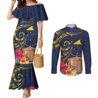 Tokelau Tokehega Day Couples Matching Mermaid Dress and Long Sleeve Button Shirt Coat of Arms with Polynesian Tattoo and Hibiscus LT03 Blue - Polynesian Pride