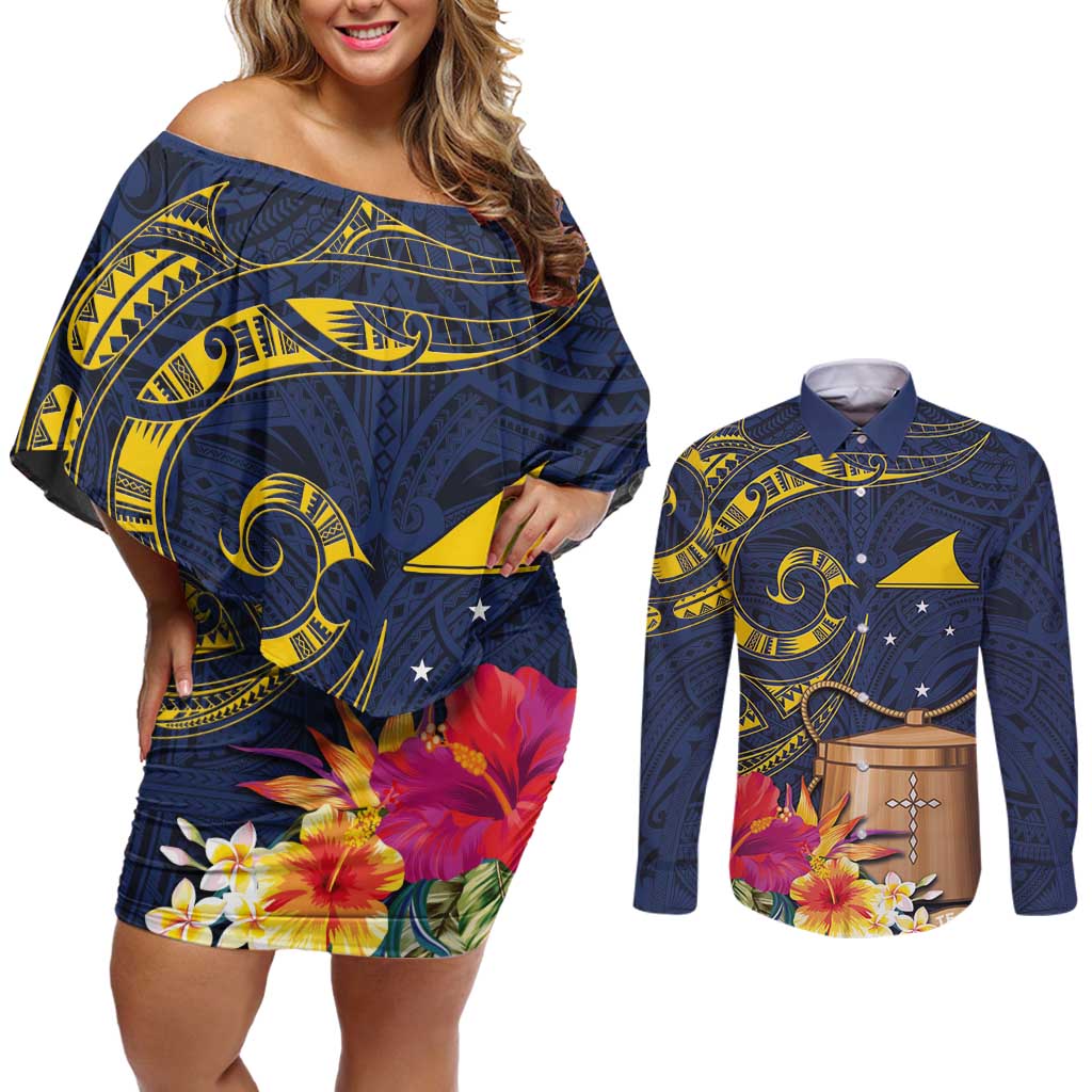 Tokelau Tokehega Day Couples Matching Off Shoulder Short Dress and Long Sleeve Button Shirt Coat of Arms with Polynesian Tattoo and Hibiscus LT03 Blue - Polynesian Pride