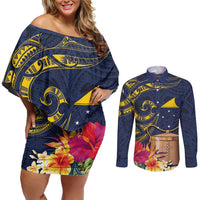 Tokelau Tokehega Day Couples Matching Off Shoulder Short Dress and Long Sleeve Button Shirt Coat of Arms with Polynesian Tattoo and Hibiscus LT03 Blue - Polynesian Pride