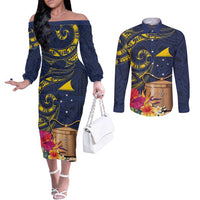 Tokelau Tokehega Day Couples Matching Off The Shoulder Long Sleeve Dress and Long Sleeve Button Shirt Coat of Arms with Polynesian Tattoo and Hibiscus LT03 Blue - Polynesian Pride