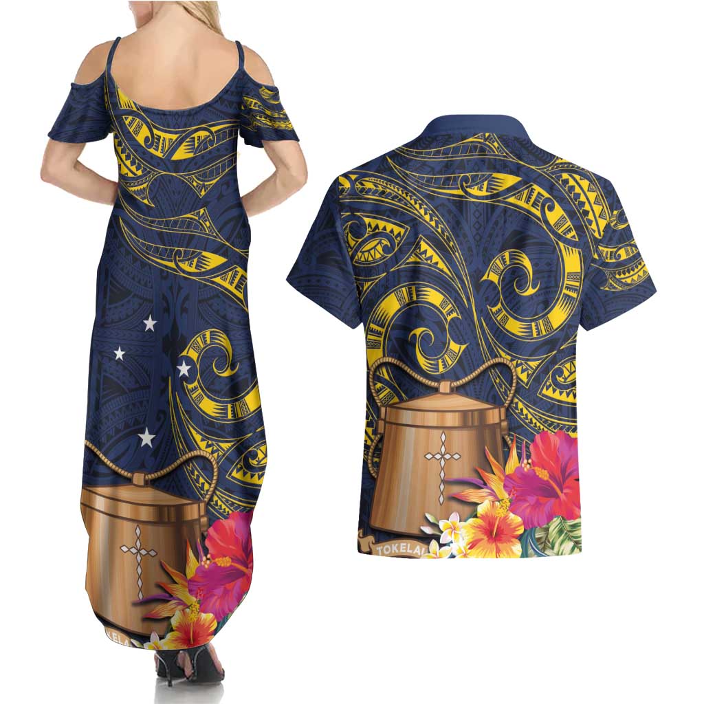 Tokelau Tokehega Day Couples Matching Summer Maxi Dress and Hawaiian Shirt Coat of Arms with Polynesian Tattoo and Hibiscus LT03 - Polynesian Pride