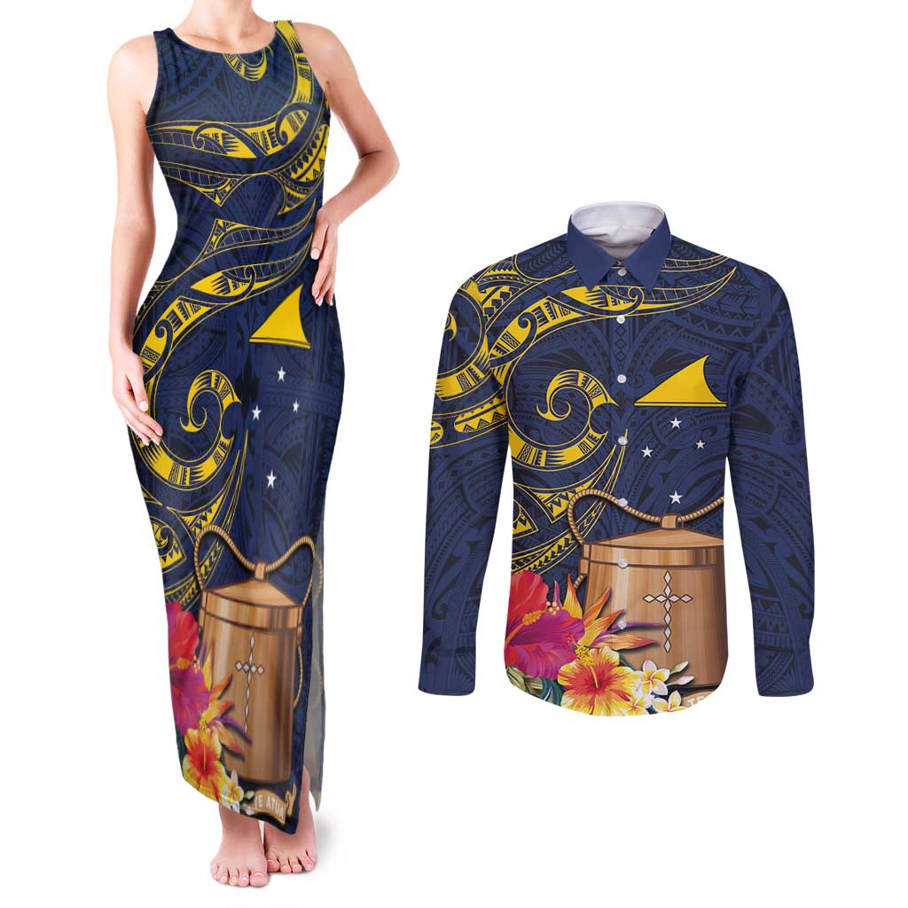 Tokelau Tokehega Day Couples Matching Tank Maxi Dress and Long Sleeve Button Shirt Coat of Arms with Polynesian Tattoo and Hibiscus LT03 Blue - Polynesian Pride