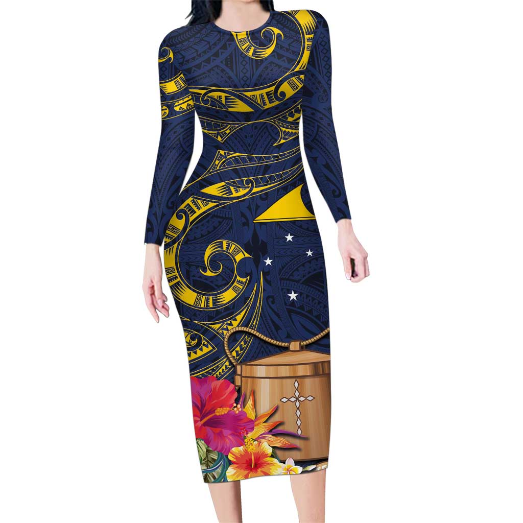 Tokelau Tokehega Day Family Matching Long Sleeve Bodycon Dress and Hawaiian Shirt Coat of Arms with Polynesian Tattoo and Hibiscus LT03 Mom's Dress Blue - Polynesian Pride