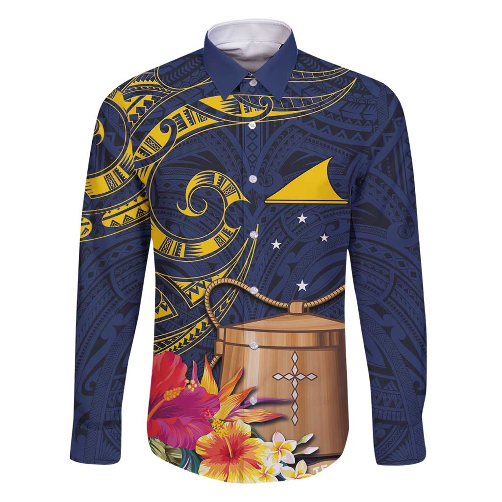 Tokelau Tokehega Day Family Matching Mermaid Dress and Hawaiian Shirt Coat of Arms with Polynesian Tattoo and Hibiscus LT03 Dad's Shirt - Long Sleeve Blue - Polynesian Pride