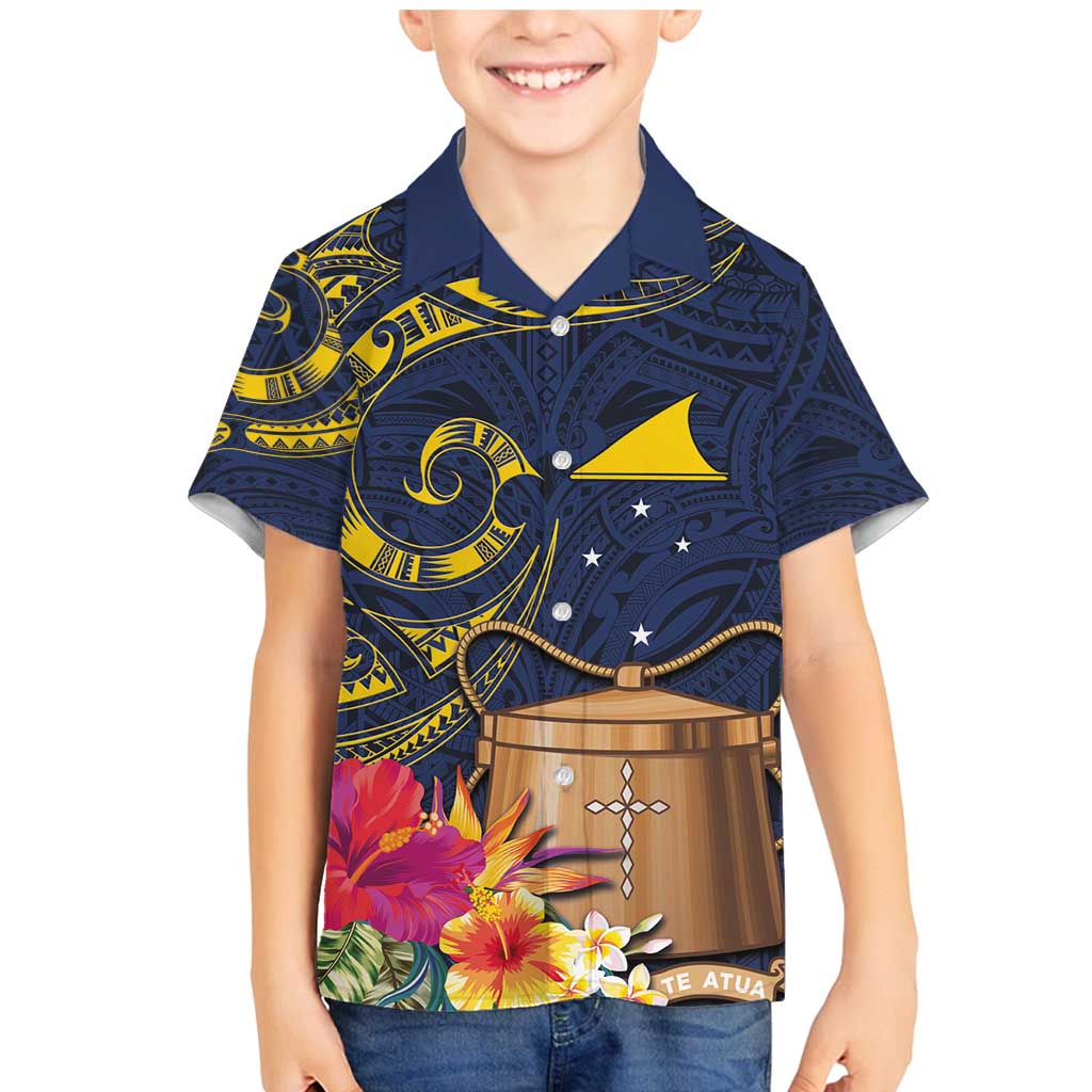 Tokelau Tokehega Day Family Matching Mermaid Dress and Hawaiian Shirt Coat of Arms with Polynesian Tattoo and Hibiscus LT03 Son's Shirt Blue - Polynesian Pride