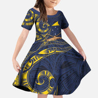 Tokelau Tokehega Day Family Matching Short Sleeve Bodycon Dress and Hawaiian Shirt Coat of Arms with Polynesian Tattoo and Hibiscus LT03 Daughter's Dress Blue - Polynesian Pride
