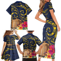 Tokelau Tokehega Day Family Matching Short Sleeve Bodycon Dress and Hawaiian Shirt Coat of Arms with Polynesian Tattoo and Hibiscus LT03 - Polynesian Pride