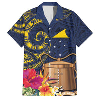 Tokelau Tokehega Day Family Matching Short Sleeve Bodycon Dress and Hawaiian Shirt Coat of Arms with Polynesian Tattoo and Hibiscus LT03 Dad's Shirt - Short Sleeve Blue - Polynesian Pride
