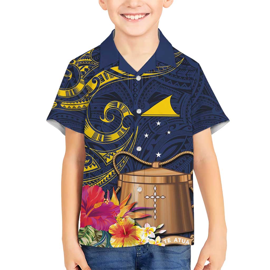 Tokelau Tokehega Day Family Matching Short Sleeve Bodycon Dress and Hawaiian Shirt Coat of Arms with Polynesian Tattoo and Hibiscus LT03 Son's Shirt Blue - Polynesian Pride
