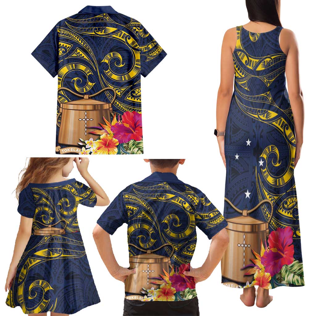 Tokelau Tokehega Day Family Matching Tank Maxi Dress and Hawaiian Shirt Coat of Arms with Polynesian Tattoo and Hibiscus