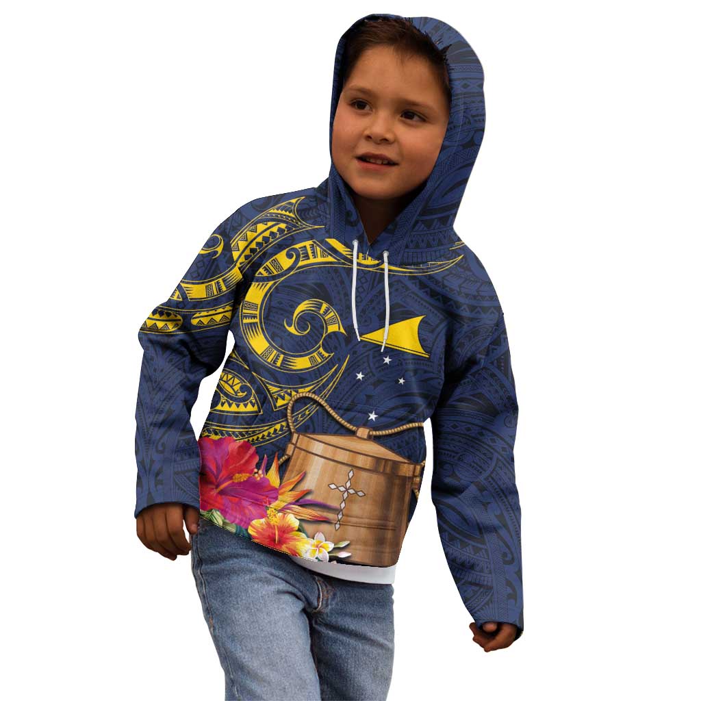 Tokelau Tokehega Day Kid Hoodie Coat of Arms with Polynesian Tattoo and Hibiscus