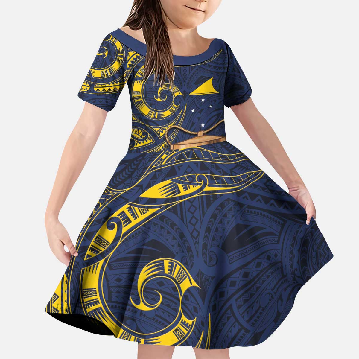 Tokelau Tokehega Day Kid Short Sleeve Dress Coat of Arms with Polynesian Tattoo and Hibiscus LT03 KID Blue - Polynesian Pride