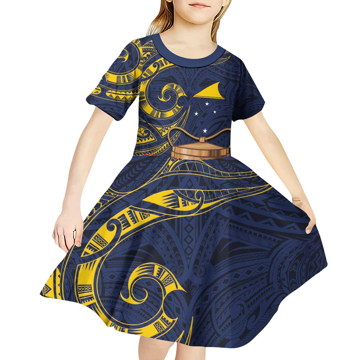 Tokelau Tokehega Day Kid Short Sleeve Dress Coat of Arms with Polynesian Tattoo and Hibiscus LT03 - Polynesian Pride