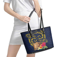 Tokelau Tokehega Day Leather Tote Bag Coat of Arms with Polynesian Tattoo and Hibiscus LT03 - Polynesian Pride