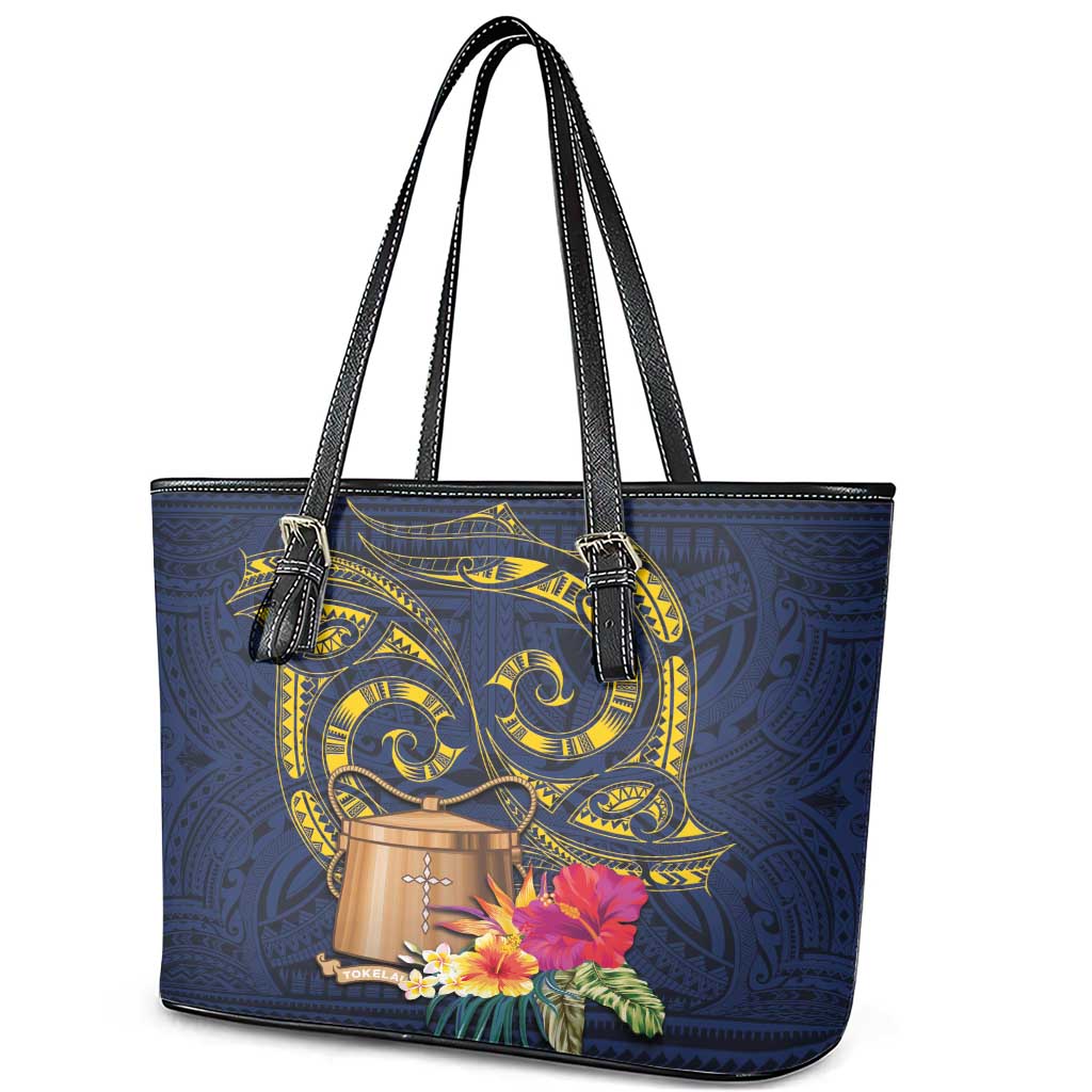 Tokelau Tokehega Day Leather Tote Bag Coat of Arms with Polynesian Tattoo and Hibiscus LT03 - Polynesian Pride