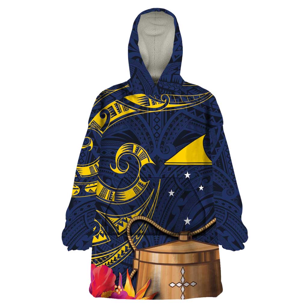 Tokelau Tokehega Day Wearable Blanket Hoodie Coat of Arms with Polynesian Tattoo and Hibiscus