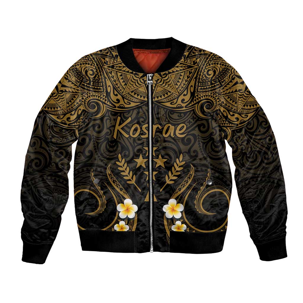 Personalised Kosrae Liberation Day Bomber Jacket Polynesian Tattoo and Plumeria Gold Color