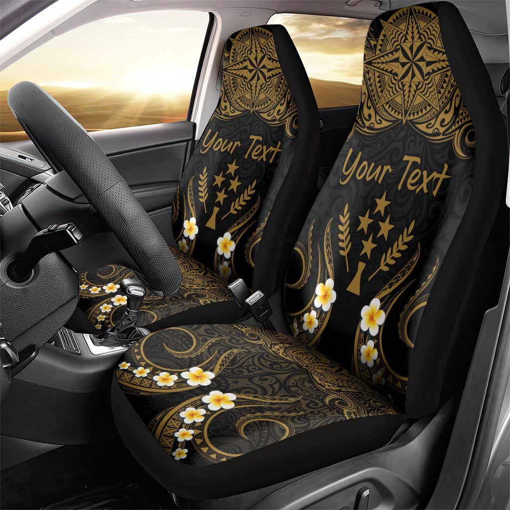 Personalised Kosrae Liberation Day Car Seat Cover Polynesian Tattoo and Plumeria Gold Color