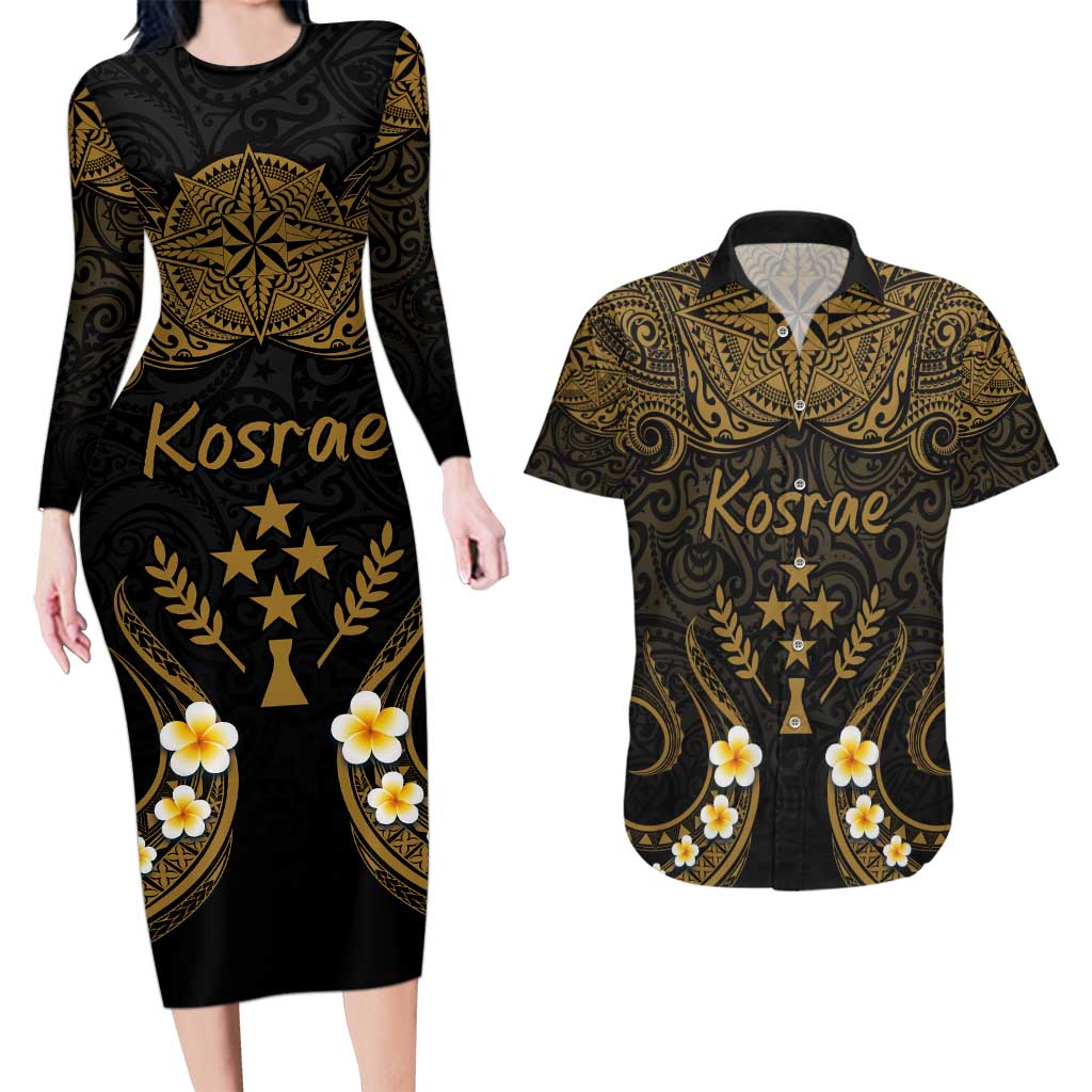 Personalised Kosrae Liberation Day Couples Matching Long Sleeve Bodycon Dress and Hawaiian Shirt Polynesian Tattoo and Plumeria Gold Color