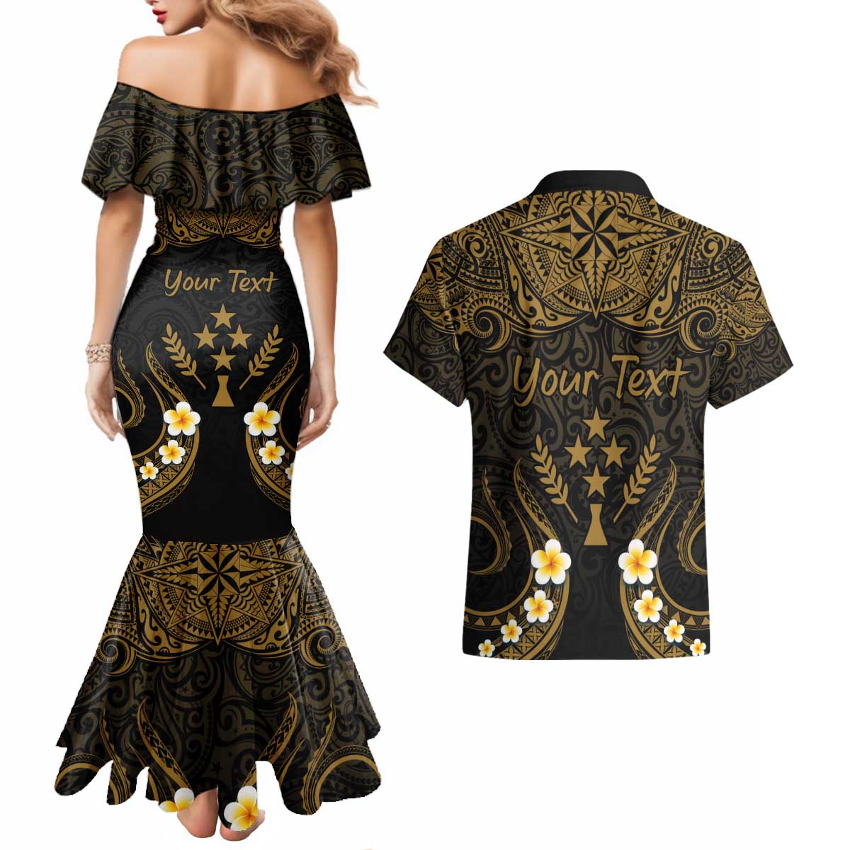 Personalised Kosrae Liberation Day Couples Matching Mermaid Dress and Hawaiian Shirt Polynesian Tattoo and Plumeria Gold Color