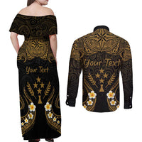 Personalised Kosrae Liberation Day Couples Matching Off Shoulder Maxi Dress and Long Sleeve Button Shirt Polynesian Tattoo and Plumeria Gold Color