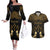 Personalised Kosrae Liberation Day Couples Matching Off The Shoulder Long Sleeve Dress and Hawaiian Shirt Polynesian Tattoo and Plumeria Gold Color