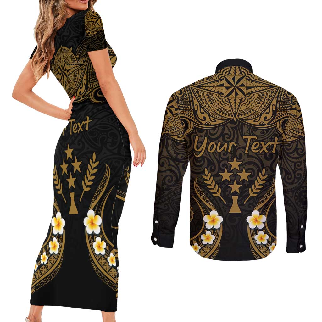 Personalised Kosrae Liberation Day Couples Matching Short Sleeve Bodycon Dress and Long Sleeve Button Shirt Polynesian Tattoo and Plumeria Gold Color