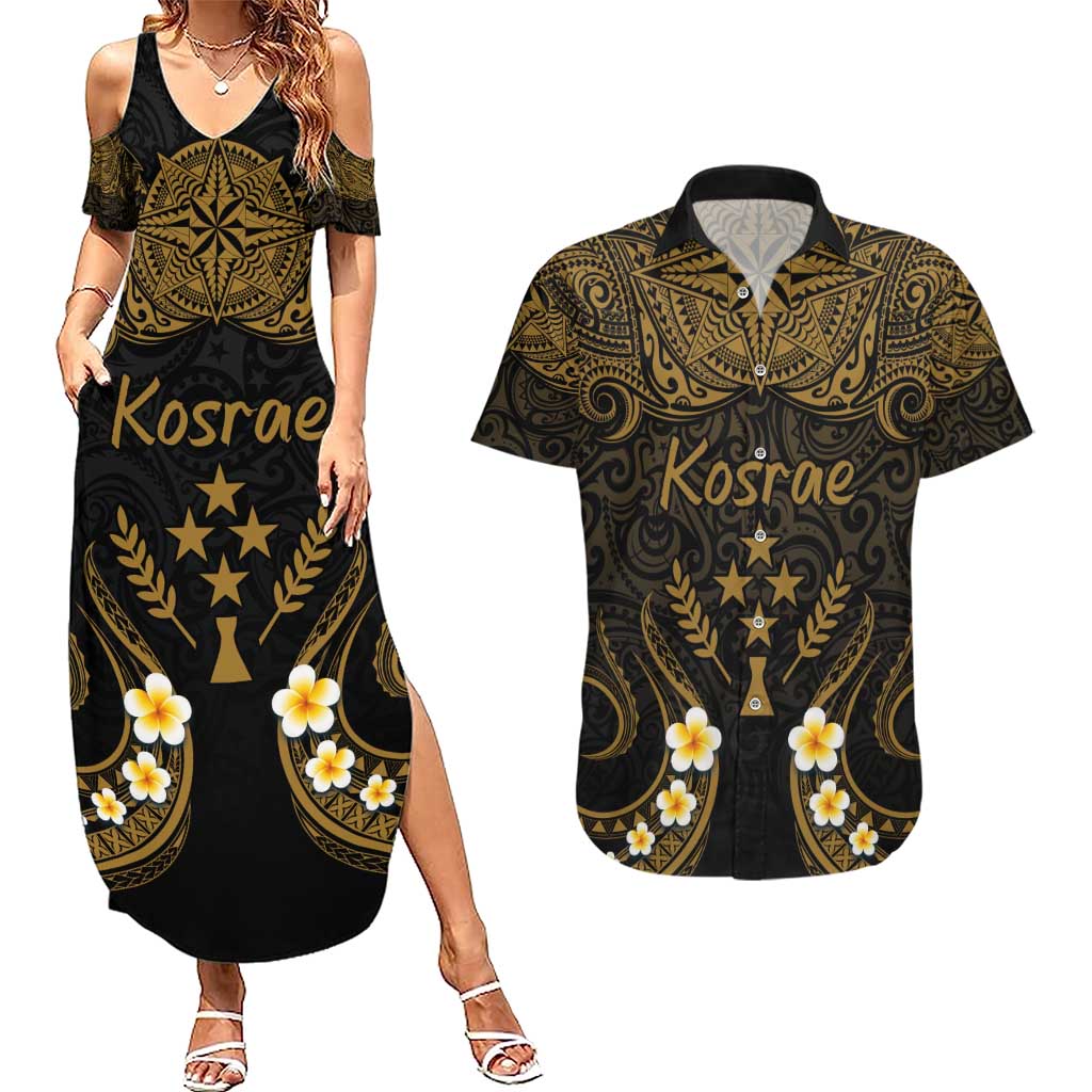 Personalised Kosrae Liberation Day Couples Matching Summer Maxi Dress and Hawaiian Shirt Polynesian Tattoo and Plumeria Gold Color