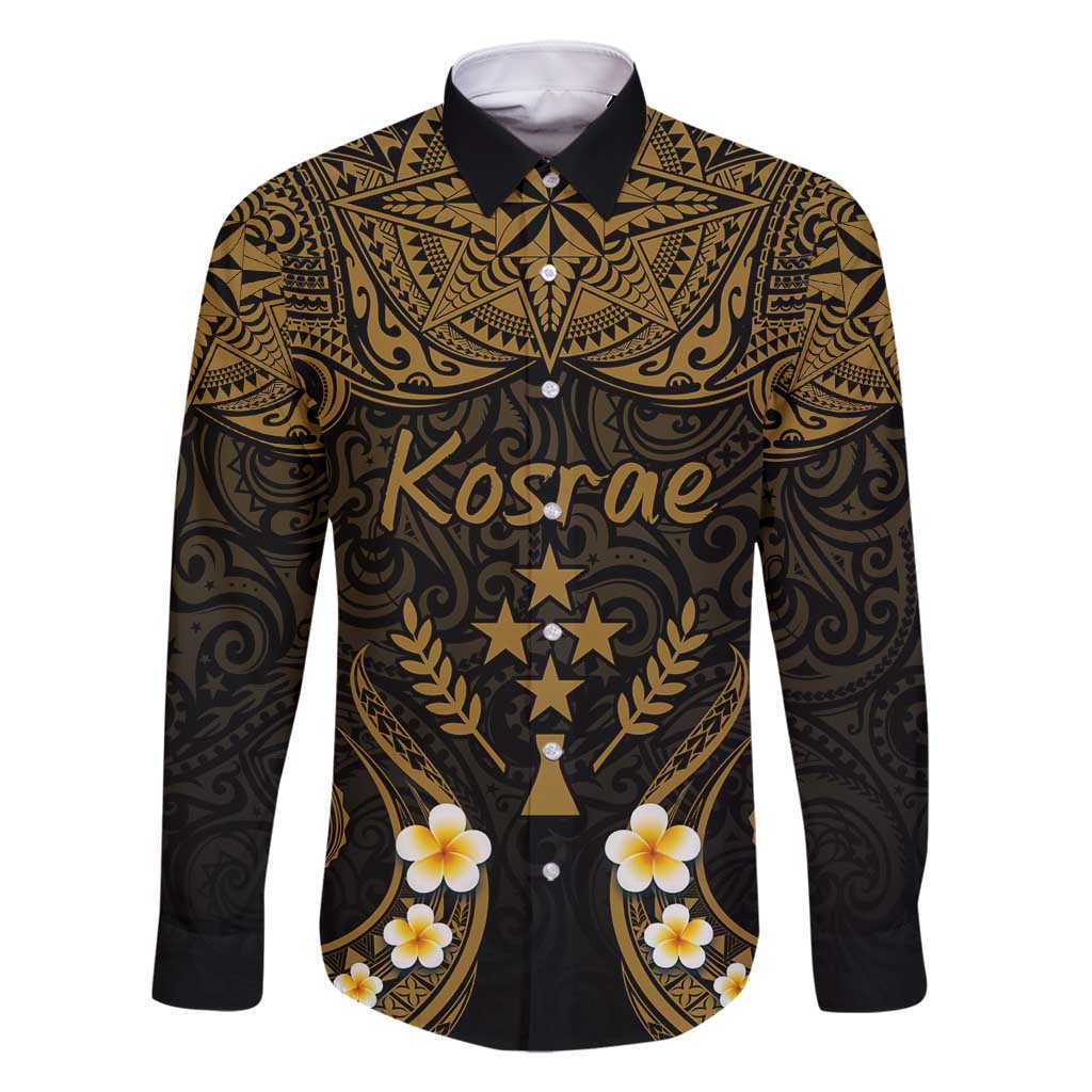 Personalised Kosrae Liberation Day Family Matching Long Sleeve Bodycon Dress and Hawaiian Shirt Polynesian Tattoo and Plumeria Gold Color