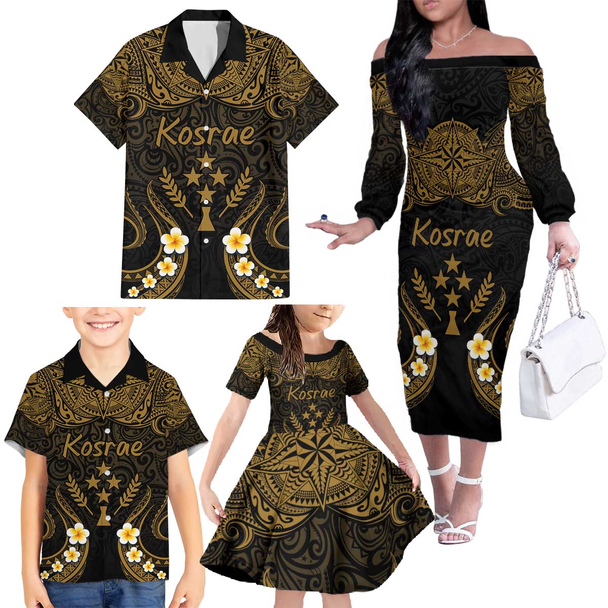 Personalised Kosrae Liberation Day Family Matching Off The Shoulder Long Sleeve Dress and Hawaiian Shirt Polynesian Tattoo and Plumeria Gold Color