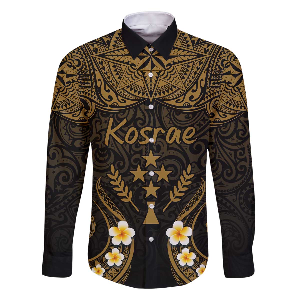 Personalised Kosrae Liberation Day Family Matching Off The Shoulder Long Sleeve Dress and Hawaiian Shirt Polynesian Tattoo and Plumeria Gold Color