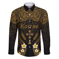 Personalised Kosrae Liberation Day Family Matching Off The Shoulder Long Sleeve Dress and Hawaiian Shirt Polynesian Tattoo and Plumeria Gold Color