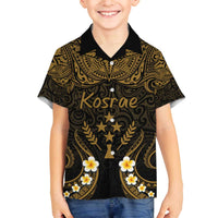 Personalised Kosrae Liberation Day Family Matching Off The Shoulder Long Sleeve Dress and Hawaiian Shirt Polynesian Tattoo and Plumeria Gold Color