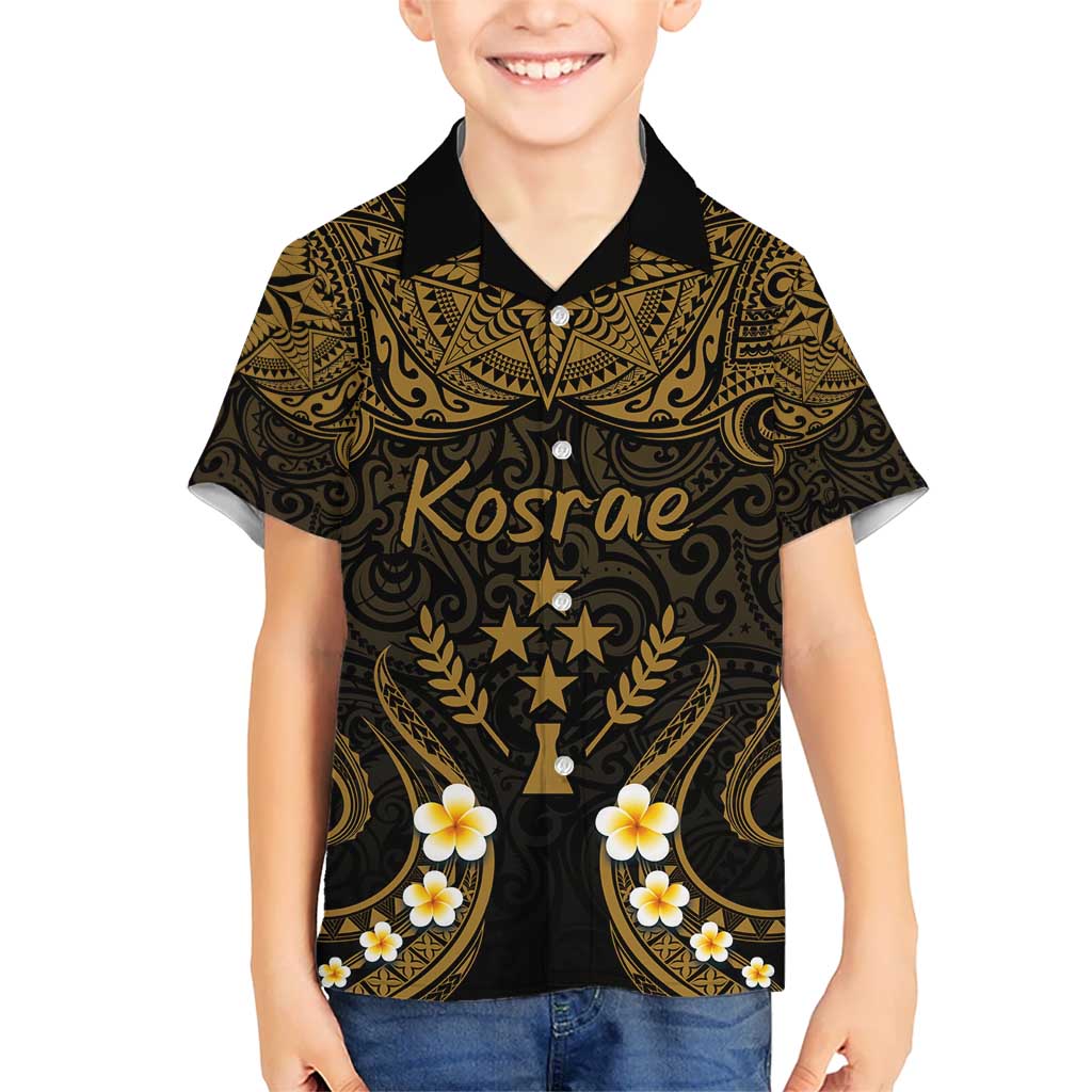 Personalised Kosrae Liberation Day Kid Hawaiian Shirt Polynesian Tattoo and Plumeria Gold Color