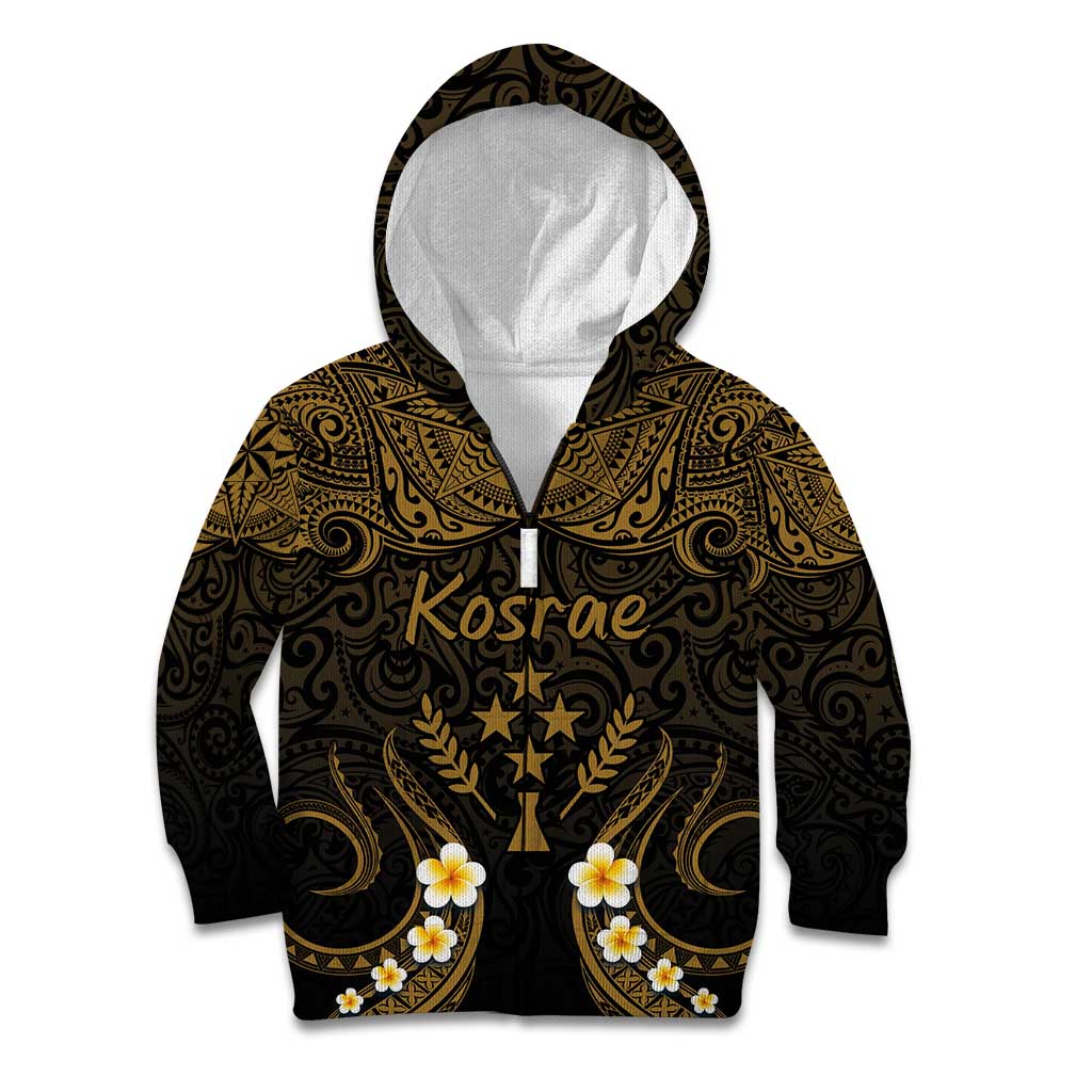 Personalised Kosrae Liberation Day Kid Hoodie Polynesian Tattoo and Plumeria Gold Color